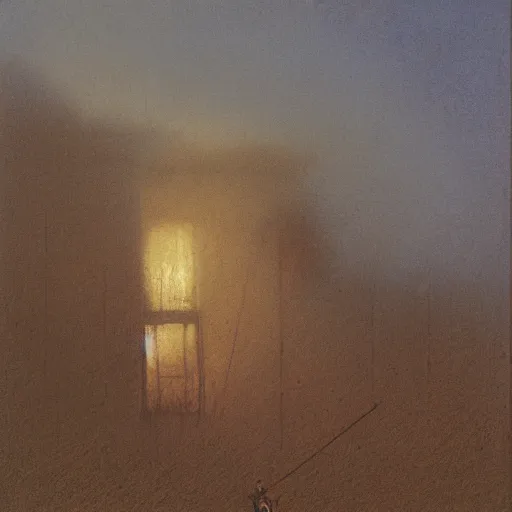 Prompt: a person standing in front of a burning house, looking away from the house, looking at the viewer, by Beksinski