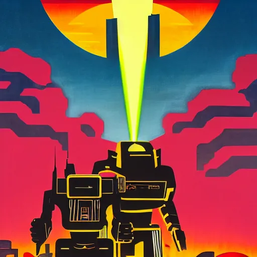 Image similar to an art deco painting of giant robots shooting laser beams from their eyes, above a city on fire, textured, by tom whalen, behance contest winner, retrofuturism, poster art, reimagined by industrial light & magic