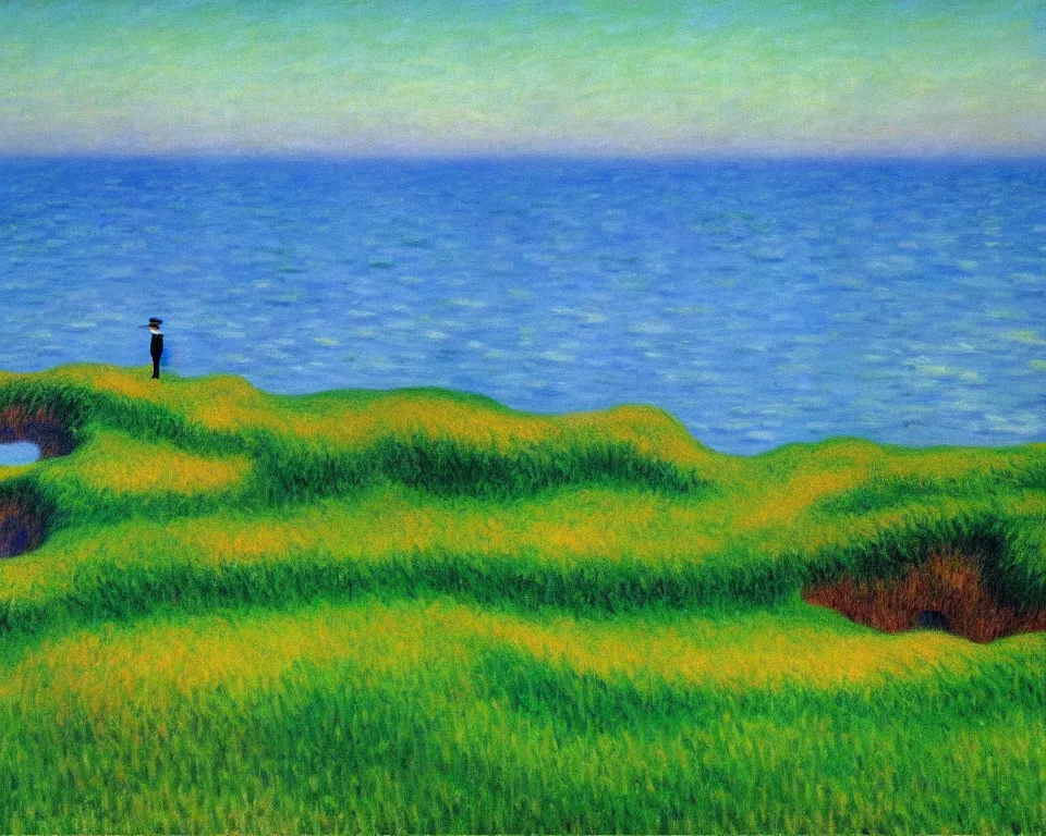 Prompt: achingly beautiful painting of bandon dunes fairway by rene magritte, monet, and turner.