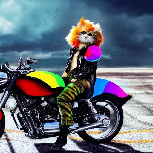 Image similar to wide angle full body, jacket wearing fluffy cute rainbow kitten wearing a black leather motorcycle jacket, riding on a motorcycle, cinematic concept art