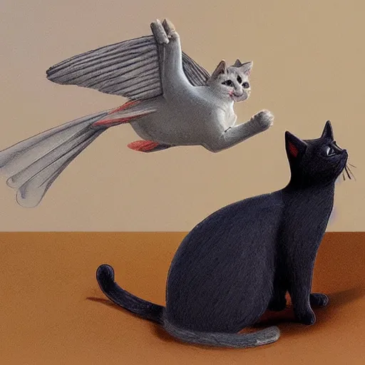 Image similar to cat playing with the dove of peace, photorealistic, detailed