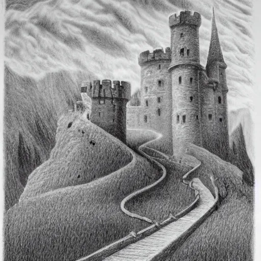Image similar to pencil art, highly detailed, picture of hero walking on a path of a castle on a mountain