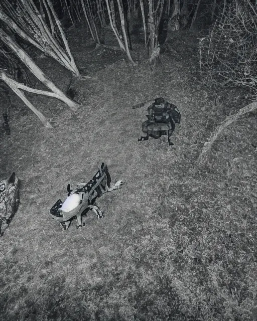 Image similar to dragon in forest at night, night vision goggles, shot from drone, grainy, national geographic, trail cam footage