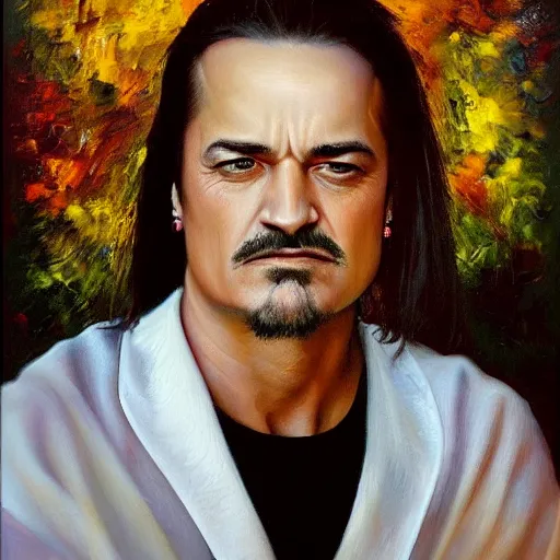 Image similar to stunning serene portrait of Mike Patton of faith no more in style of Mark Arian, oil on canvas, masterpiece, realism, piercing gaze, autumn bokeh