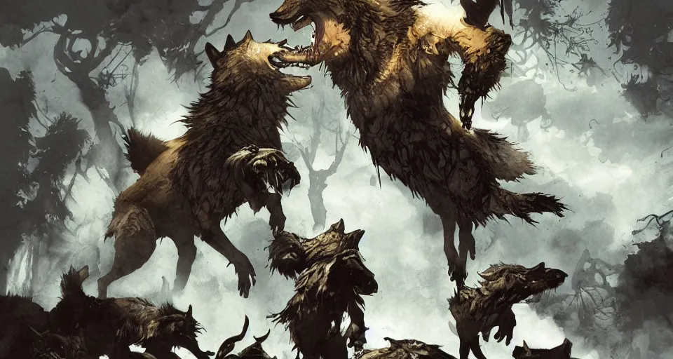Prompt: WOLVES AND THEIR TREASURES. By Travis Charest, James Gurney, and Ashley Wood. dramatic lighting. Magic the gathering. digital painting.
