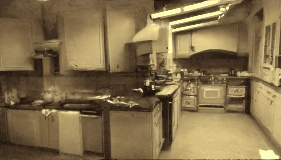 Prompt: a gigantic snake in a stalinist style kitchen, by mini dv camera, very very low quality, heavy grain, very blurry, accidental flash, webcam footage, found footage, security cam, caught on trail cam