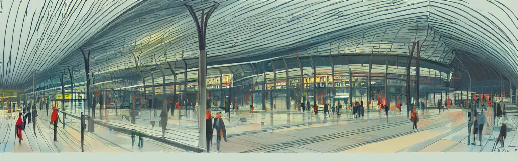 Prompt: birmingham new street train station exterior, gouache, animated film, stylised, illustration, by eyvind earle, scott wills, genndy tartakovski, syd mead