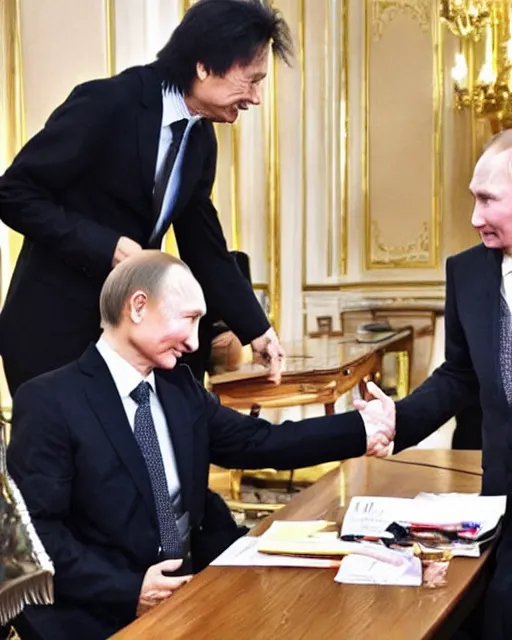 Prompt: sixty years old viktor tsoi with joyful look in a business suit shaking hands with vladimir putin, in kremlin, color photo, mid shot photo, digital photo, high resolution