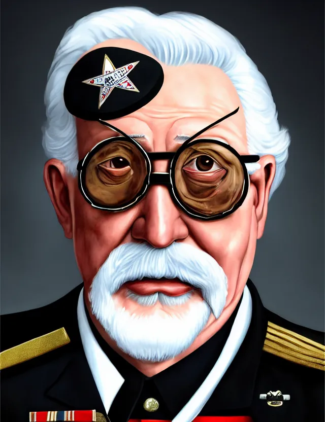 Prompt: a photographic portrait of colonel sanders wearing a military uniform and a black eyepatch over his left eye, by moebius and tyler edlin and hr giger, trending on artstation, digital art, 4 k resolution, detailed, high quality, sharp focus, hq artwork, coherent, insane detail, concept art