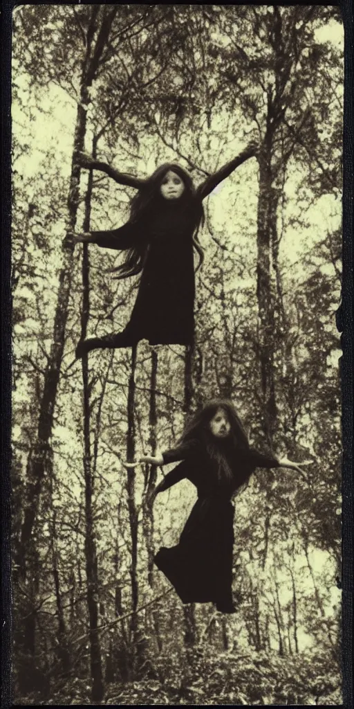 Image similar to old polaroid photo of a young witch girl floating in the air with her arms outstretched in a forest, long hair hanging down. dark and spooky, muted colours, flash photography, young face