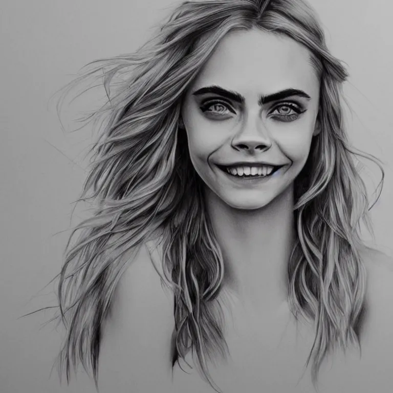 Prompt: Concept-art portrait of Cara Delevingne, photorealism, smiling face, clear eyes, pencil painting