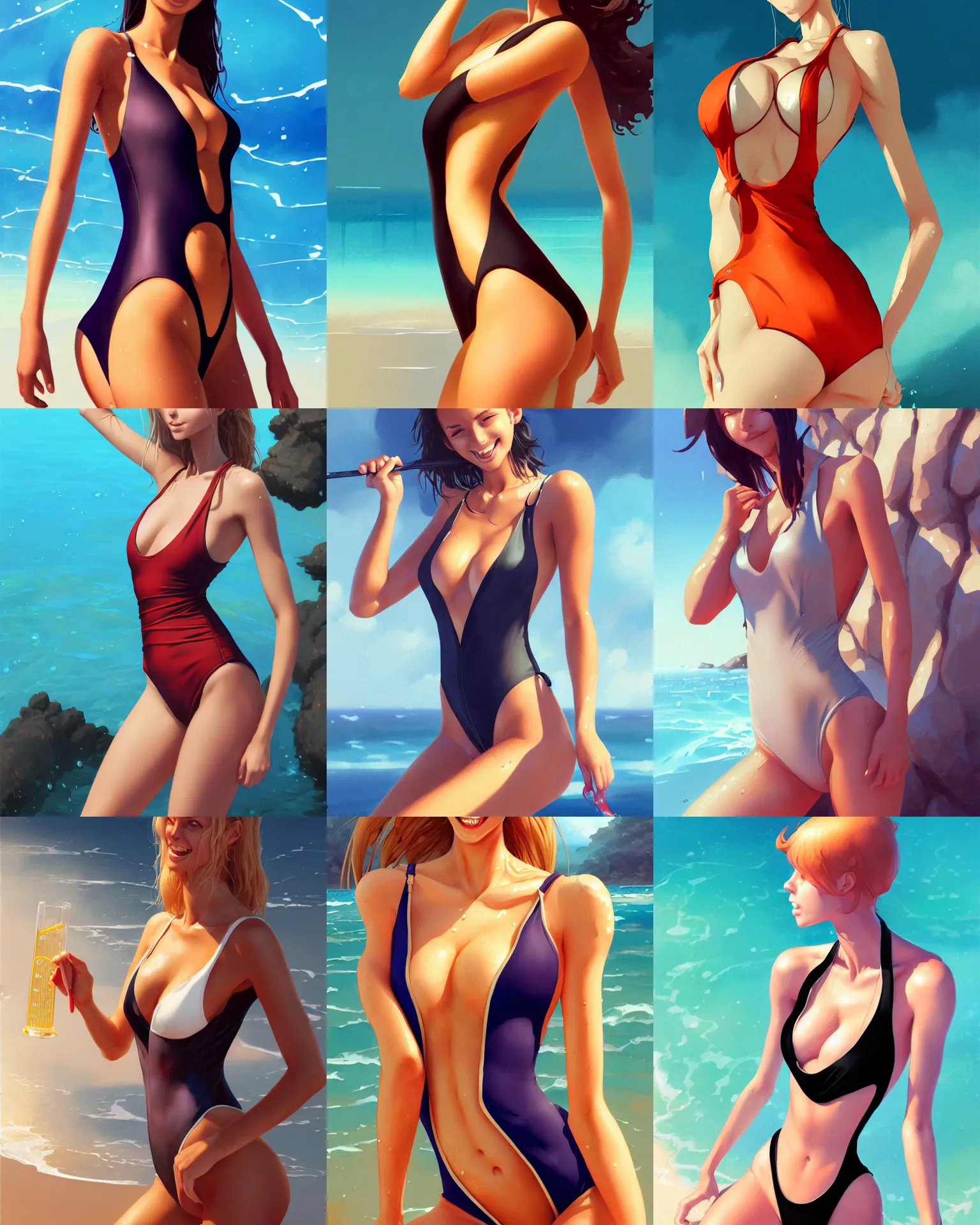 Prompt: attractive scientist girl in the closed one-piece swimsuit monokini, hourglass slim figure, medium shot close up, wet swimsuit, seductive smile, looking at the viewer, details, sharp focus, illustration, by Jordan Grimmer and greg rutkowski, Trending artstation, pixiv, digital Art