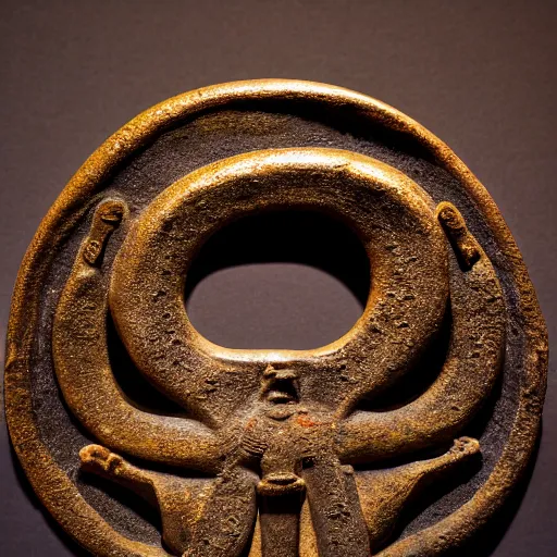 Prompt: Bronze 1500BCE Canaanite pole with serpent carving at the top. 40mm lens, shallow depth of field, split lighting