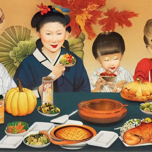 Image similar to normal rockwell's thanksgiving dinner illustration with japanese food. normal rockwell style. illustration. high quality.