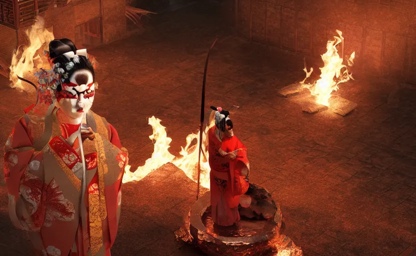 Image similar to highly detailed 3 d render of native japanese masked geisha with sword standing in burning japanese courtyard from sengoku period, fire, surrounded by dense rock formations, blue night, cinematic lighting, photobash, raytracing, high contrast