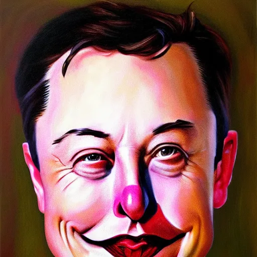 Image similar to oil canvas of elon musk as sad clown