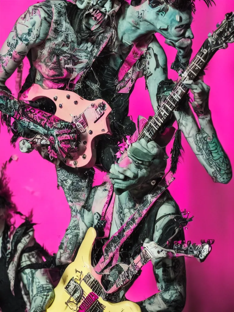 Image similar to a singular Punk rock Frankenstein with a pink mohawk playing guitar