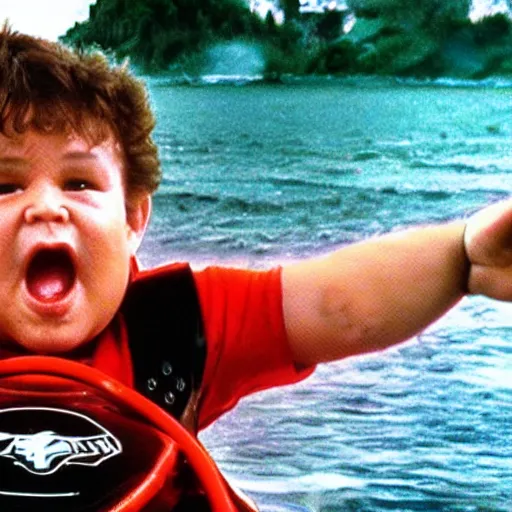 Image similar to photo of chunk from “the goonies” riding a jetski and giving “sign of the horns” 8k