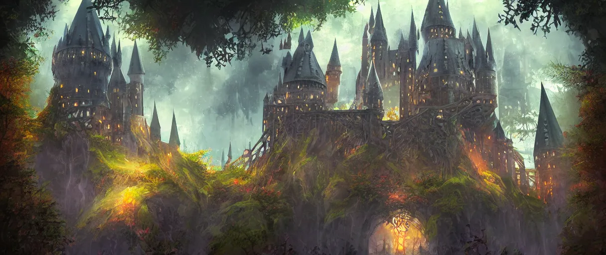 Image similar to hogwarts type castle in the forest behind a garden, concept art, digital painting, style of jordan grimmer, warm lighting, futuristic, volumetric lighting, view from below, vivid colours, bright, daytime, godrays, high detail