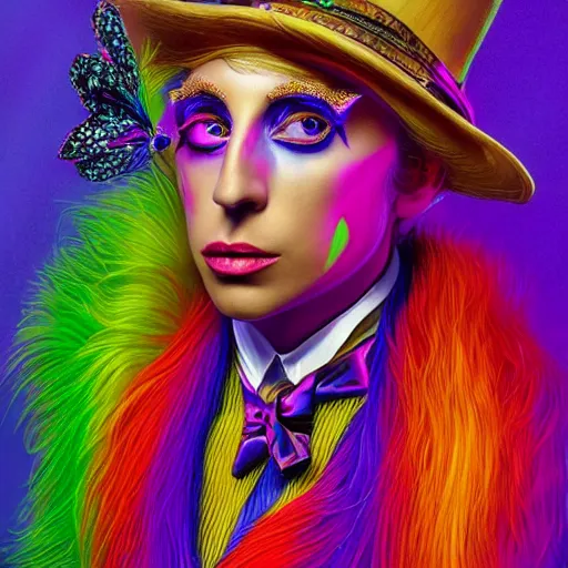 Image similar to an extremely psychedelic portrait of lady gaga as willy wonka, surreal, lsd, face, detailed, intricate, elegant, lithe, highly detailed, digital painting, artstation, concept art, smooth, sharp focus, illustration,