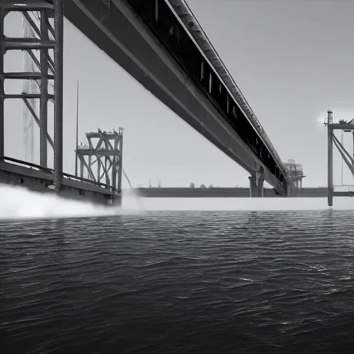 Image similar to a close - up side view of a container ship in very choppy water while under the francis scott key bridge. there is a feeling of powerful immense energy and power. imax 7 0 mm, ultrarealistic, cgsociety, 3 d octane render, ue 5.