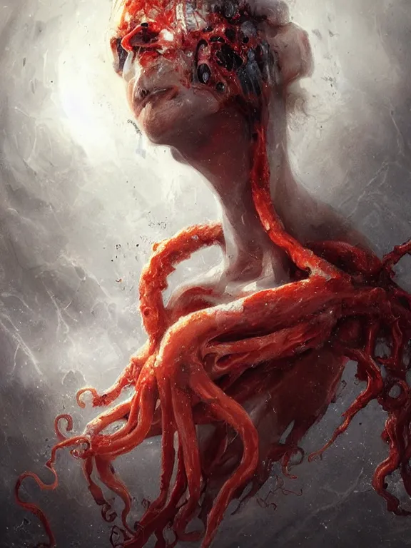 Image similar to painting by greg rutkowski of a flying sorrowful looking human head with tears running down it's eyes, face that is chalk white in color, with long sprawling white tentacles stemming down it's neck, fiery scorching red eyes, flying in a terrying hellish dark cavernous place