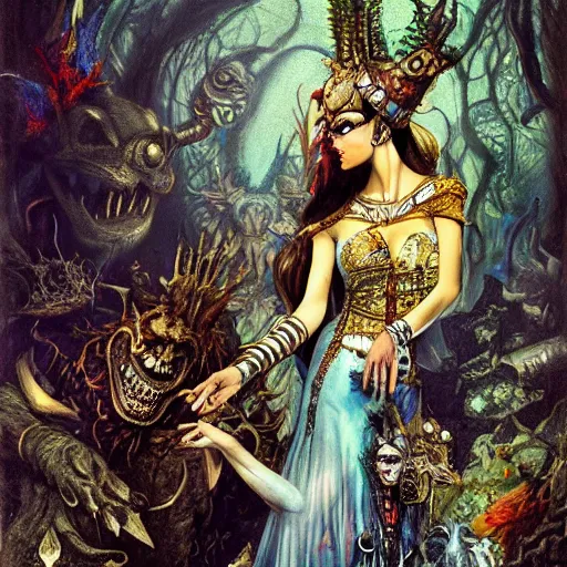 Image similar to cleopatra in alice in wonderland tripping on ayahuasca with scary monsters, intricate detail, painting, royo, frazetta, whealan,