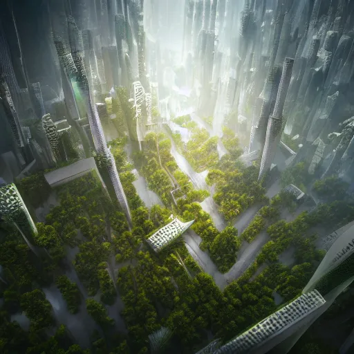 Prompt: extremely dense futuristic forest city, highly detailed, tilt shift, volumetric lighting, concept art, octane render, forestpunk, biomechanical, artstation