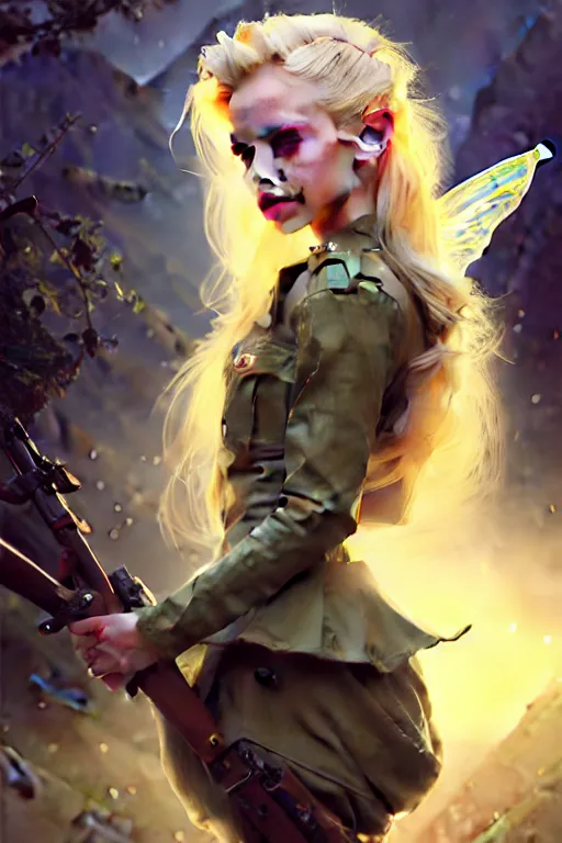 Image similar to cinematic shot of an epic portrait of a cute blonde fairy dressed in military clothes, stylised military clothes, shiny skin, beautiful eyes, beautiful, small details, night setting, realistic poster with volumetric light from craig mallism, artgerm, jeremy lipkin and michael garmash, unreal engine, radiant light, digital art, trends at art station, a masterpiece