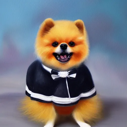 Prompt: anthromorphic fluffy pomeranian dog dressed in sailor suit, detailed 4 k oil painting