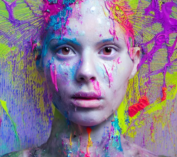 Prompt: still shot footage of a portrait of a female angel's head morphs into acrylic pour and coloured powder explosion and splashing paint and dripping paint and flying paint chunks, closing eyes, motion blur, hyperrealistic, medical, intricate art photography, hyperrealistic, anatomically correct, realistic crisp textures, 1 6 k