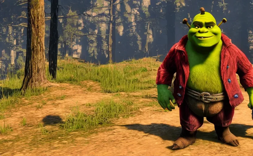 Prompt: Screenshot of Shrek in Red Dead Redemption 2,