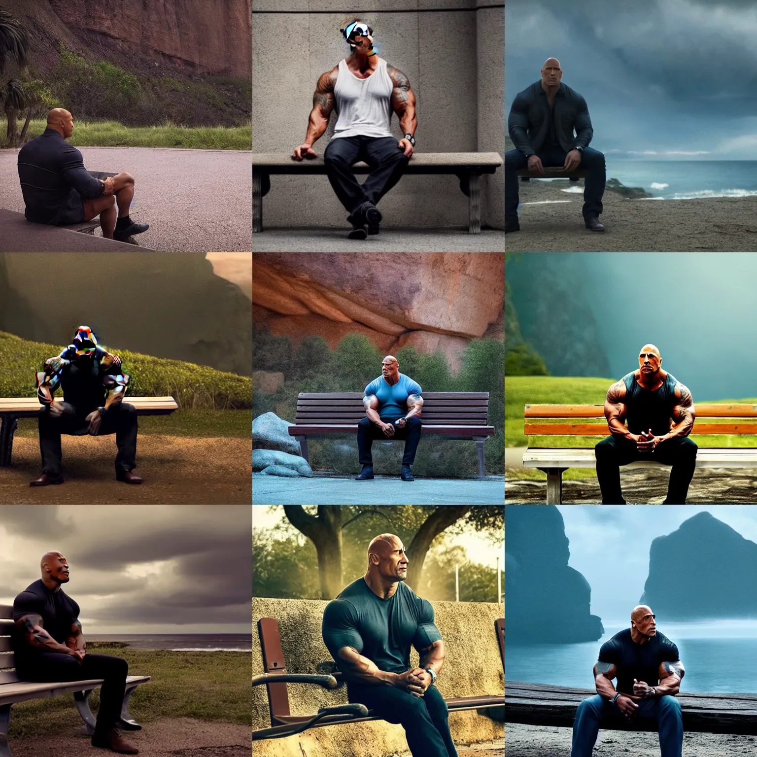 Prompt: lonely dwayne johnson sitting on a bench and waiting, cinematic establishing shot, magical colours and atmosphere, perfect coherent composition, super realistic, professional photography 1 6 k