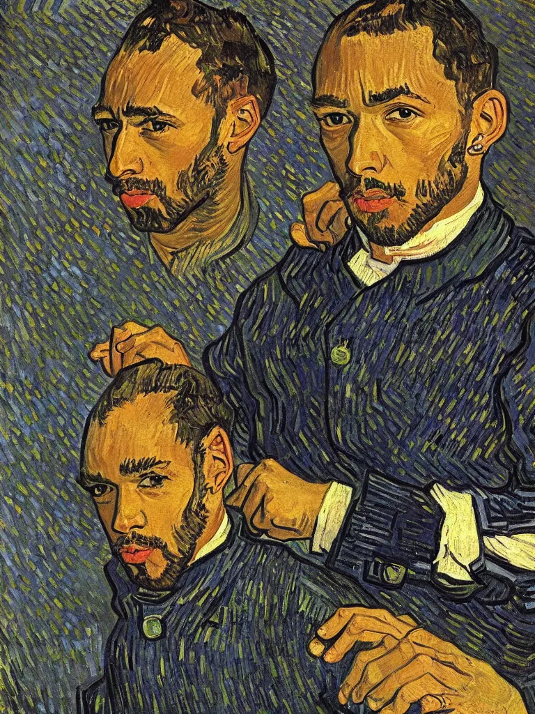 Image similar to portrait of Sir Lewis Hamilton by Van Gogh