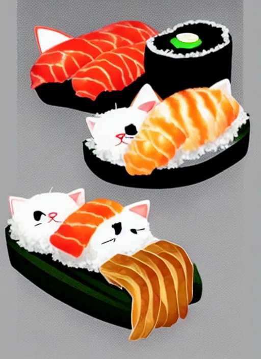 Image similar to clear photorealistic picture of adorable cats made out of sushi