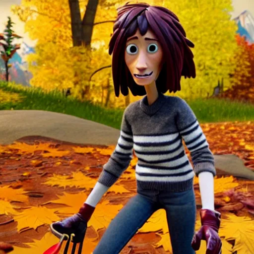 Prompt: a stopmotion animation character, a beautiful canadian woman, gardening, very attractive, messy dark grey hair, striped sweater, tight denim jeans, maroon doc marten boots, canadian maple leaves blowing about, mountains, autumn, unreal engine 5, 8 k, kubo and the two strings, disney, pixar,