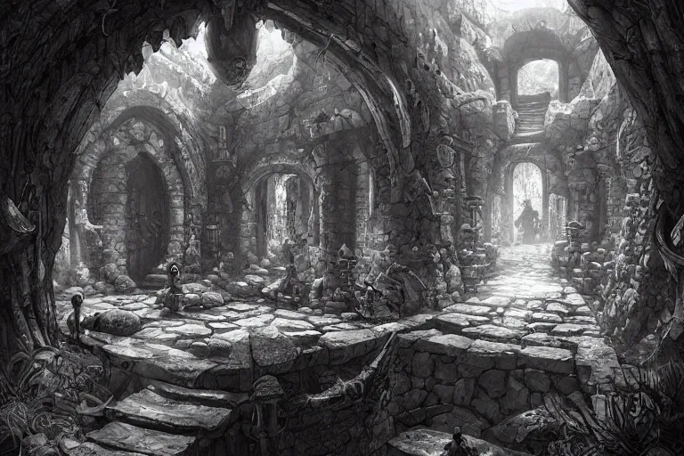 Image similar to black and white one point perspective dungeon cozy fantasy dungeon The mushroom adventurer Fira and their plain conference of trolls are hiding in the ancient stable. artgerm and Craig Mullins, James Jean, Andrey Ryabovichev, Mark Simonetti and Peter Morbacher 16k