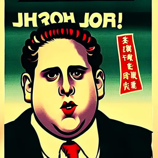 Image similar to how will we capture famous actor jonah hill? he is is causing trouble in this region. How do we stop him? NO JONAH HILLS ALLOWED. JONAH HILL is the subject of this ukiyo-e hellfire eternal damnation catholic strict propaganda poster rules religious. WE RULE WITH AN IRON FIST. mussolini. Dictatorship. Fear. 1940s propaganda poster. 1950s propaganda poster. 1960s propaganda poster. WAR WAR WAR, ANTI JONAH HILL. 🚫 🚫 JONAH HILL. POPE. art by joe mugnaini. art by dmitry moor. Art by Alfred Leete.
