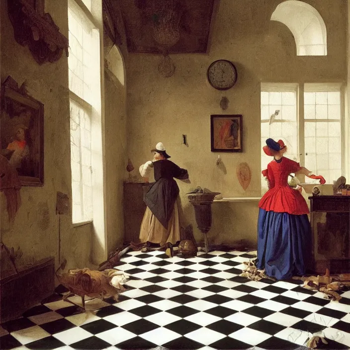 Image similar to colored painting, pieter de hooch, trending on artstation, highly detailed, black and white checkerboard floor in the middle of the rainforest, intricate, elegant