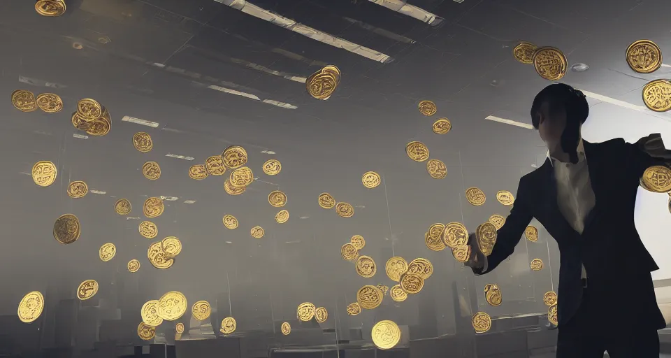 Image similar to Dramatic photo of a CEO waving to silhouettes of his coworkers in a futuristic office. Golden coins are levitating all around them. 8k, high detail, trending on Artstation, volumetric lighting, cyberpunk