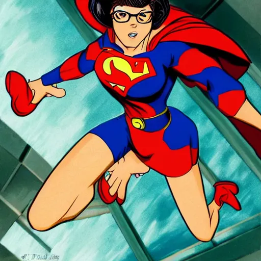 Image similar to Velma from Scooby-doo knocks out Superman, comic book, high action, concept art