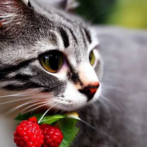 Image similar to cctv footage of a cat eating berries. close up. caught on camera