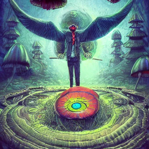 Prompt: 8K headshot Portrait of centered chest up of a psychedelic godlike mothman shaman with moth face and giant mandala wings smoking a hand-rolled cigarette smoking heavily , magic mushroom village in background , post-processing , award winning. superb resolution. in the art style of junji Ito and greg rutkowski . Detailed Mushroom city in background. Hyper realistic anime. Perfect art. Dalle2