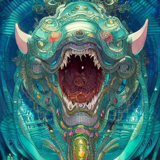 Prompt: a beautiful hyperdetailed character design 4 k wallpaper illustration of a cute dolphin with a chinese lion dance head victo ngai cyberpunk style, from china, style of studio ghibli, makoto shinkai, raphael lacoste, louis comfort tiffany, artgerm, james jean, ross tran, chinese style
