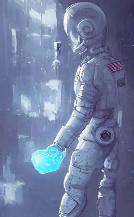 Prompt: a beautiful artwork illustration, concept art sketch of an astronaut in white futuristic cybernetic armor holding a shiny blue cube in his hand, volumetric fog, godrays, high contrast, vibrant colors, vivid colors, high saturation, by Greg Rutkowski and Jesper Ejsing and Raymond Swanland and alena aenami, featured on artstation, narrow angle, vertical orientation