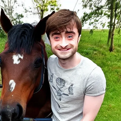 Image similar to photo of Daniel Radcliffe looking suspiciously happy with a horse,