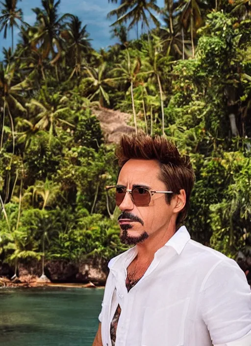 Image similar to a full portrait photo of robert downey jr holiday in bali, f / 2 2, 3 5 mm, 2 7 0 0 k, lighting, perfect faces, award winning photography.