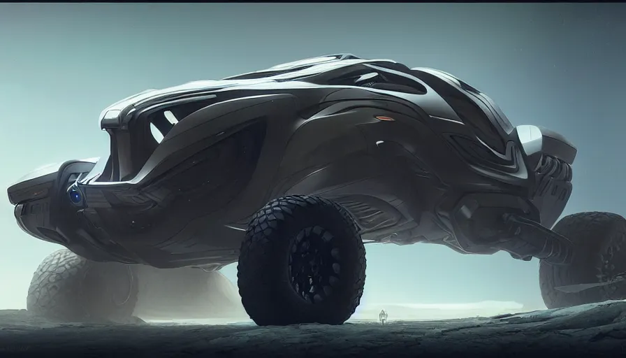 Image similar to a futuristic offroad suv by artgerm and greg rutkowski and alphonse mucha, zaha hadid, an epic fantasy, volumetric light, detailed, trending on art station, octane render, midsommar