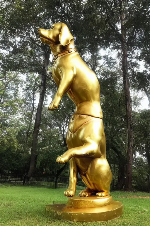 Image similar to a huge golden statue of a dog smiling, photography