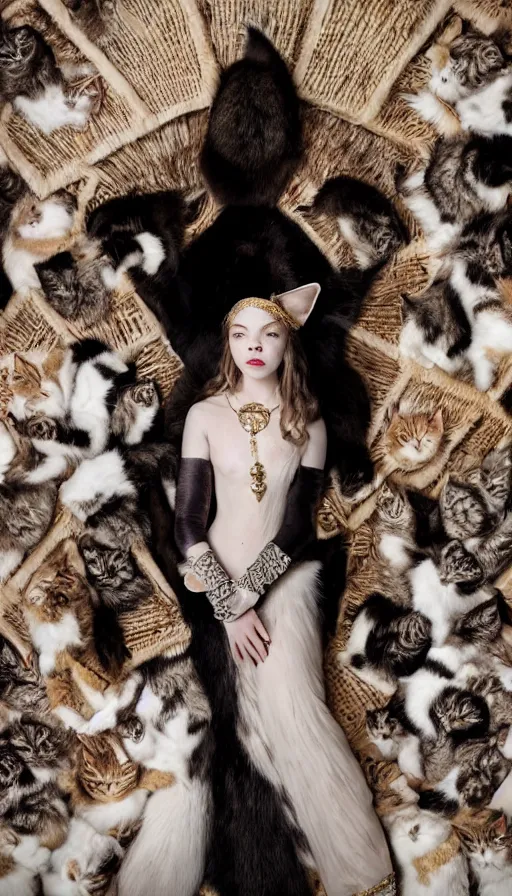 Image similar to dressed anya taylor - joy as goddess of the cats, symmetrical, cinematic, elegant, real photography, 4 k, ultra hd, sense of awe